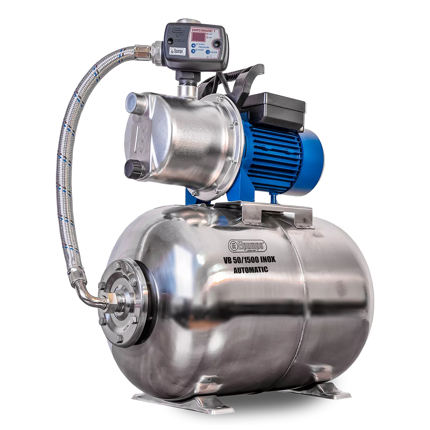 VB 50/1500 INOX Automatic Installation d'eau domestique, avec roue, corps de pompe et réservoir de pression INOX, 1500 W, 6.300 l/h, 4,8 bar, 50 L